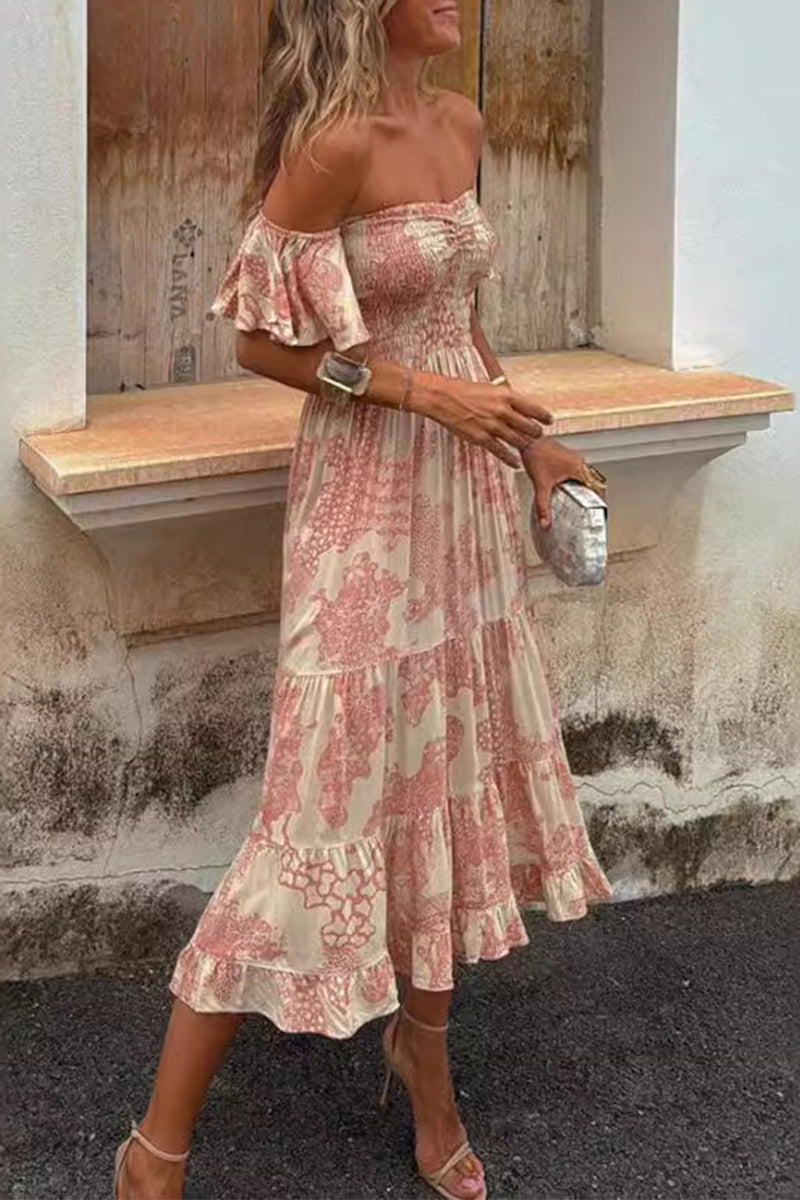 Abigail® | Vestidos sexys con falda de pastel y hombros descubiertos con estampado floral y volantes de patchwork