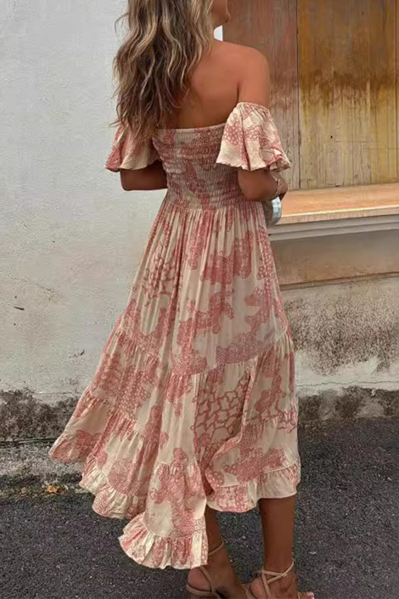 Abigail® | Vestidos sexys con falda de pastel y hombros descubiertos con estampado floral y volantes de patchwork