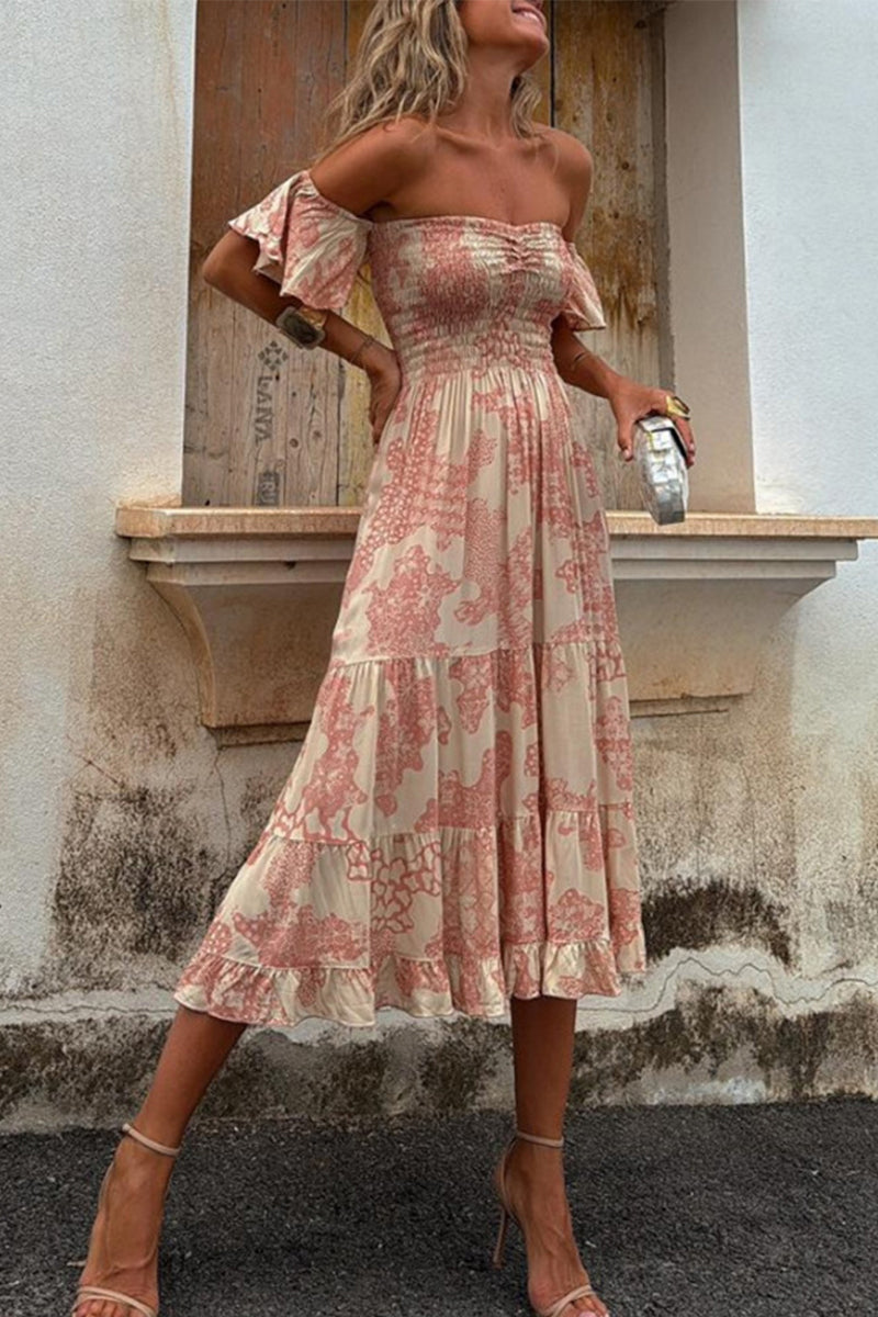 Abigail® | Vestidos sexys con falda de pastel y hombros descubiertos con estampado floral y volantes de patchwork