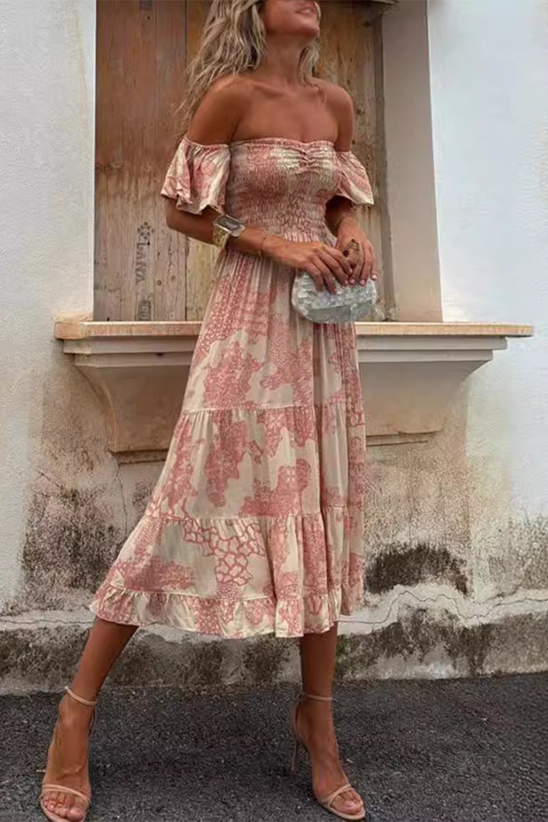 Abigail® | Vestidos sexys con falda de pastel y hombros descubiertos con estampado floral y volantes de patchwork