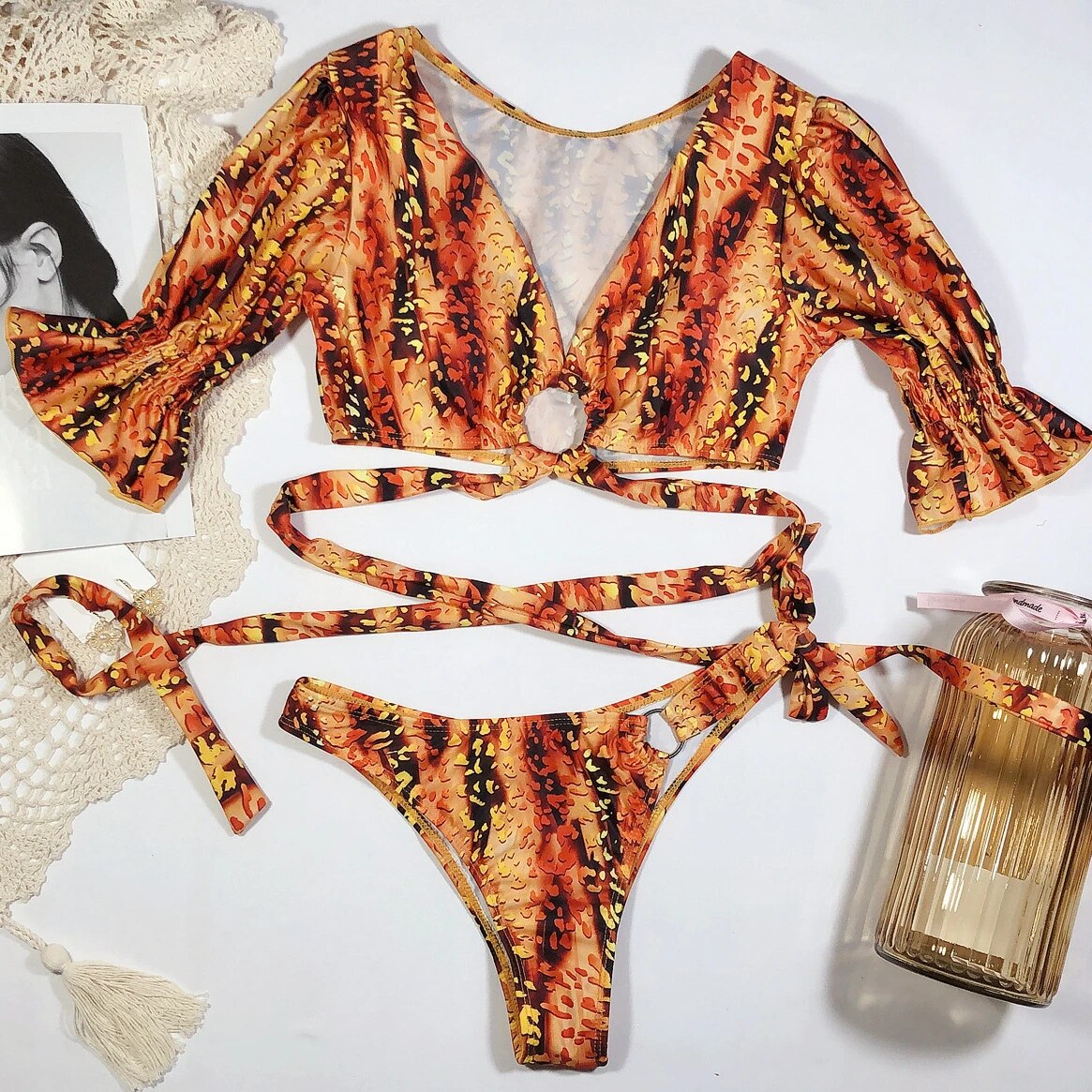 Brandei® | Bikini estampado con mangas abullonadas