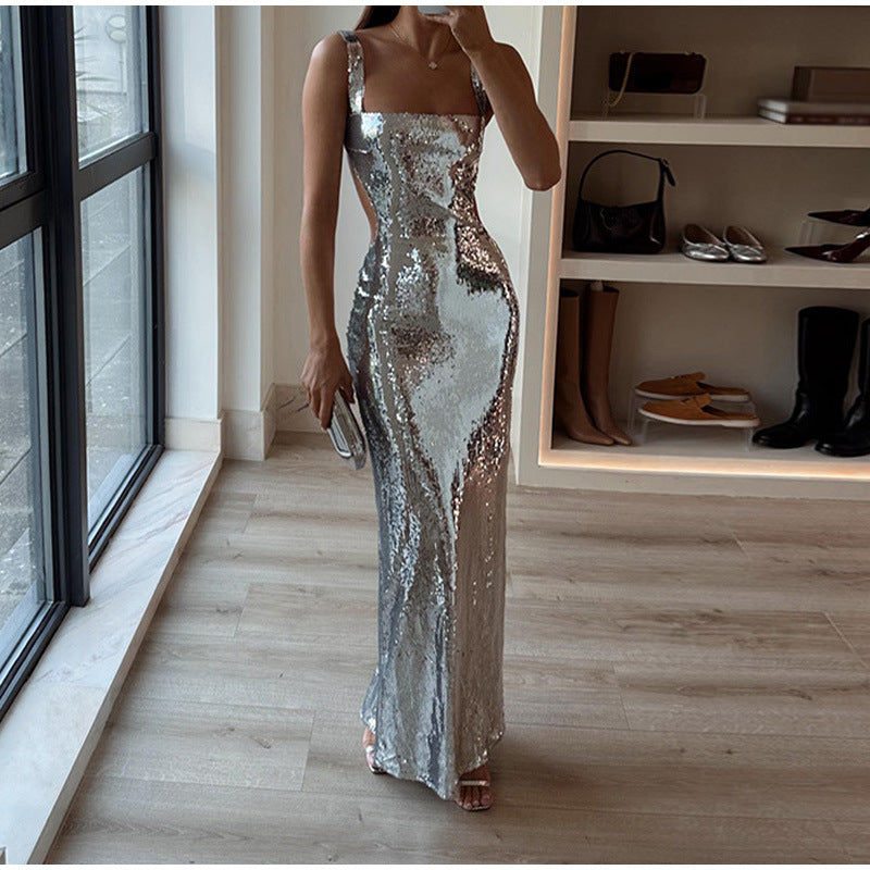 Ángel® | Encantadora falda de vestido sin espalda con cuello cuadrado y tirantes de lentejuelas