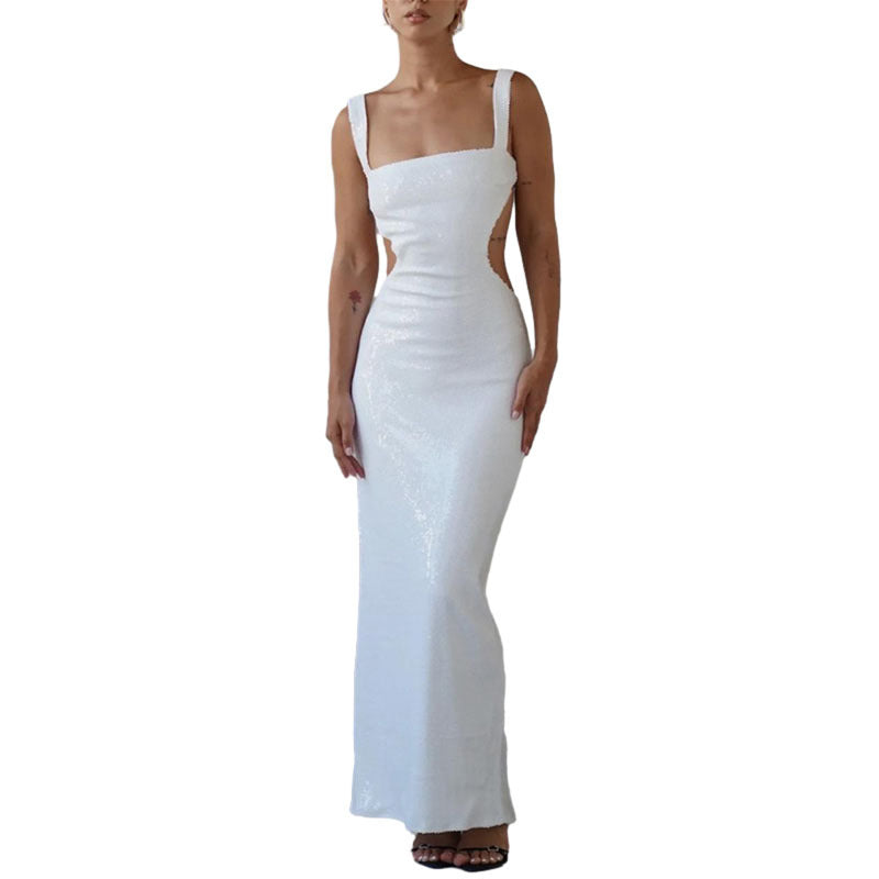 Ángel® | Encantadora falda de vestido sin espalda con cuello cuadrado y tirantes de lentejuelas
