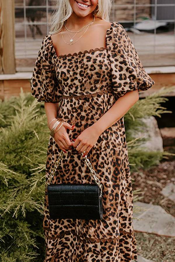 Abigail® | Vestido largo con mangas abullonadas y estampado de leopardo marrón