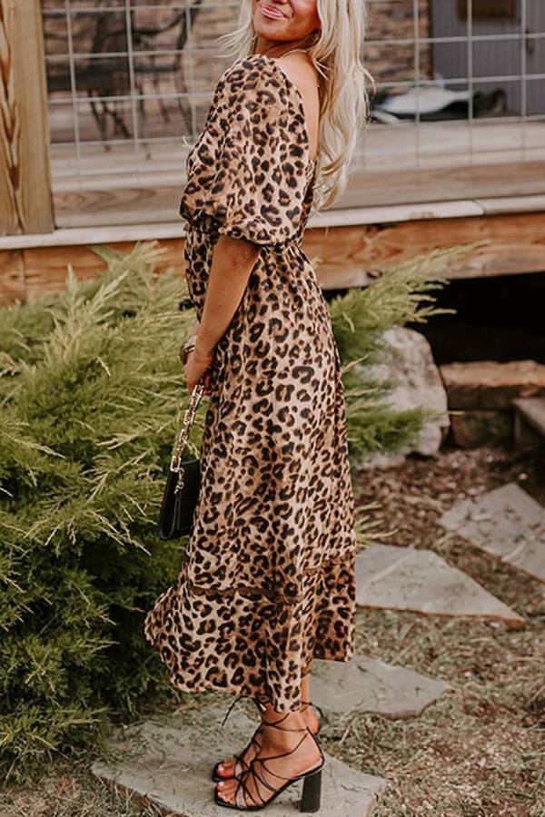 Abigail® | Vestido largo con mangas abullonadas y estampado de leopardo marrón