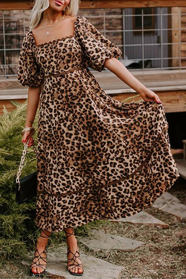 Abigail® | Vestido largo con mangas abullonadas y estampado de leopardo marrón