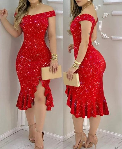 Anisa® | Vestido de cóctel brillante con hombros descubiertos