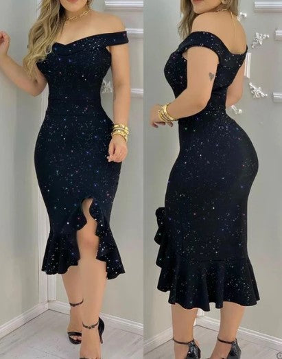 Anisa® | Vestido de cóctel brillante con hombros descubiertos