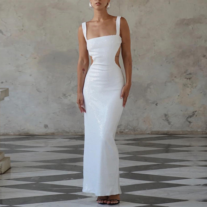 Ángel® | Encantadora falda de vestido sin espalda con cuello cuadrado y tirantes de lentejuelas