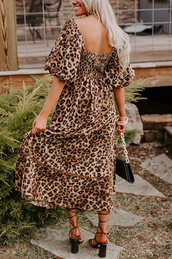 Abigail® | Vestido largo con mangas abullonadas y estampado de leopardo marrón
