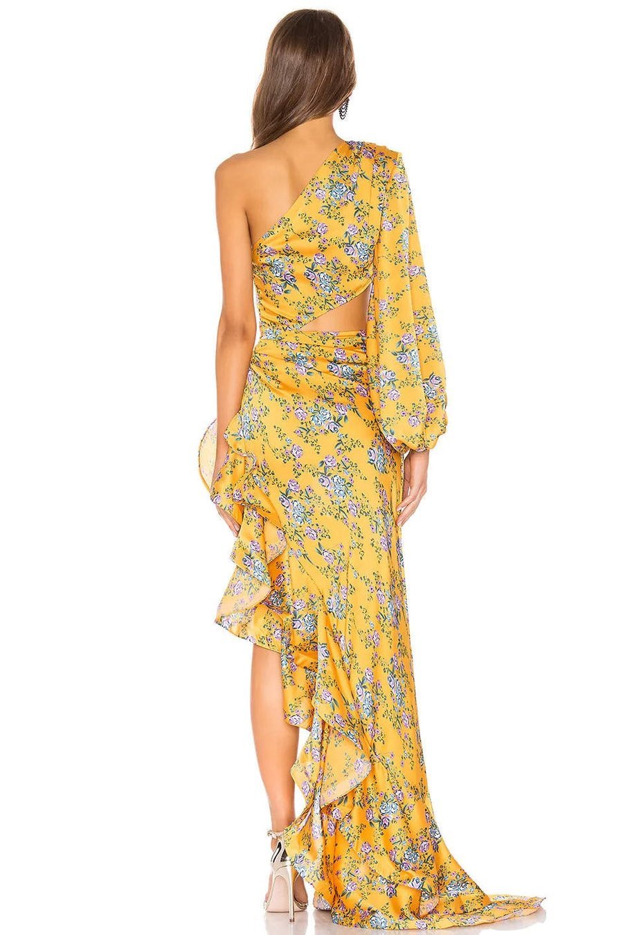 Abigail® | Vestido largo estampado con volantes asimétricos