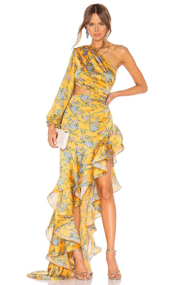 Abigail® | Vestido largo estampado con volantes asimétricos