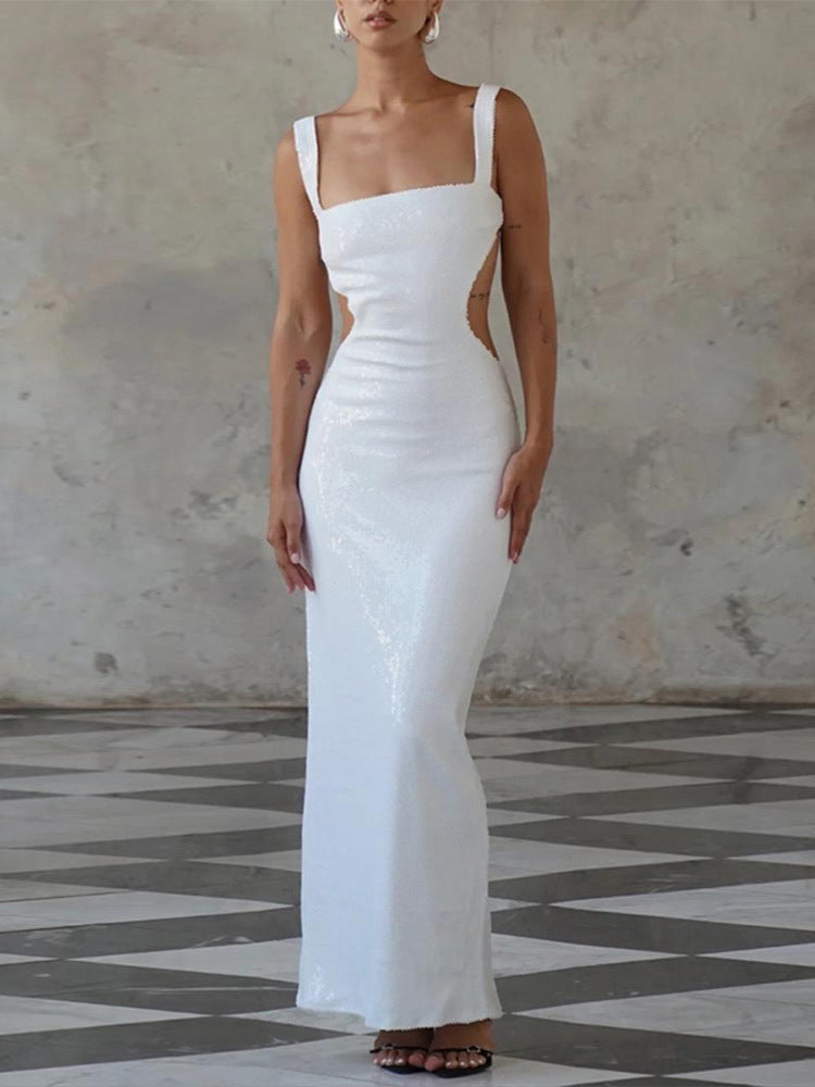 Ángel® | Encantadora falda de vestido sin espalda con cuello cuadrado y tirantes de lentejuelas