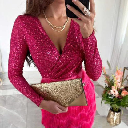 Amalberga® | Vestido de lentejuelas con cuello en V Heidi-Mode