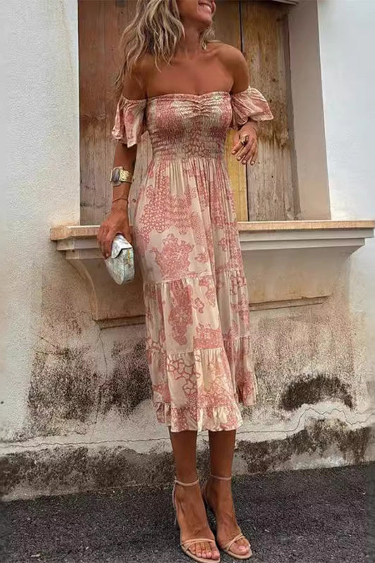 Abigail® | Vestidos sexys con falda de pastel y hombros descubiertos con estampado floral y volantes de patchwork