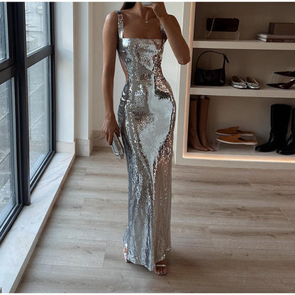 Ángel® | Encantadora falda de vestido sin espalda con cuello cuadrado y tirantes de lentejuelas