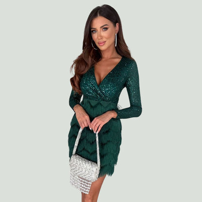 Amalberga® | Vestido de lentejuelas con cuello en V Heidi-Mode