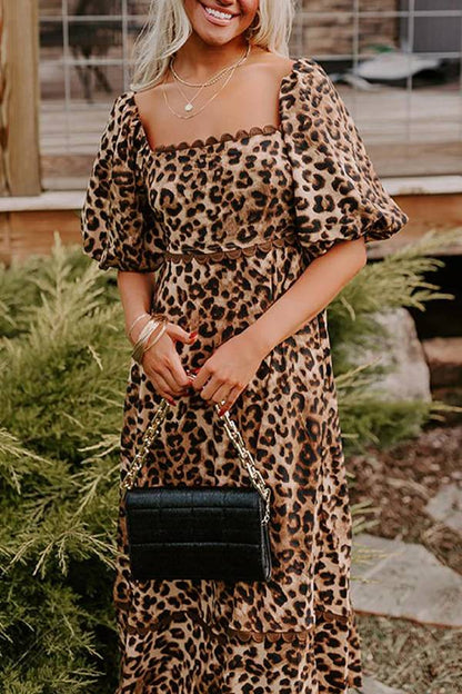 Abigail® | Vestido largo con mangas abullonadas y estampado de leopardo marrón