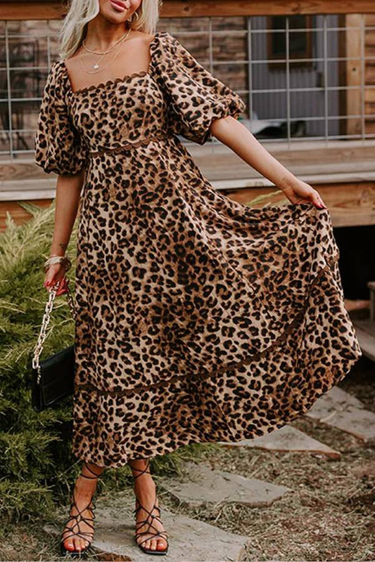 Abigail® | Vestido largo con mangas abullonadas y estampado de leopardo marrón