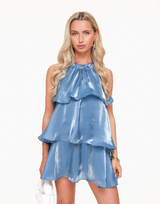 Adelaida® | Vestido azul con volantes de satén de Jeans Petite