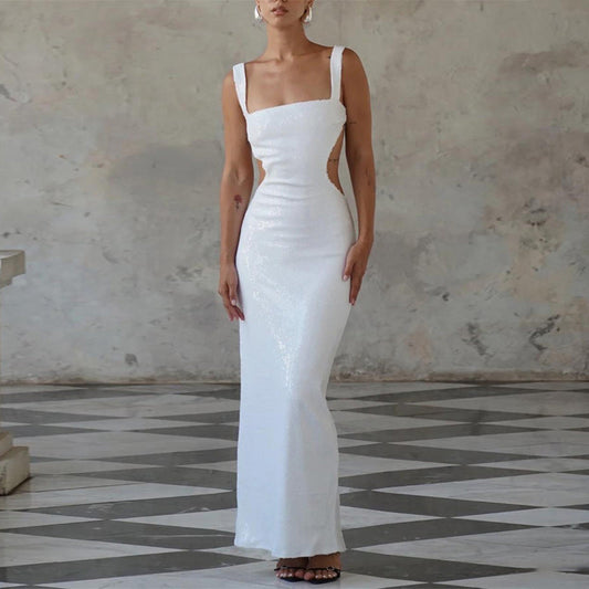 Ángel® | Encantadora falda de vestido sin espalda con cuello cuadrado y tirantes de lentejuelas