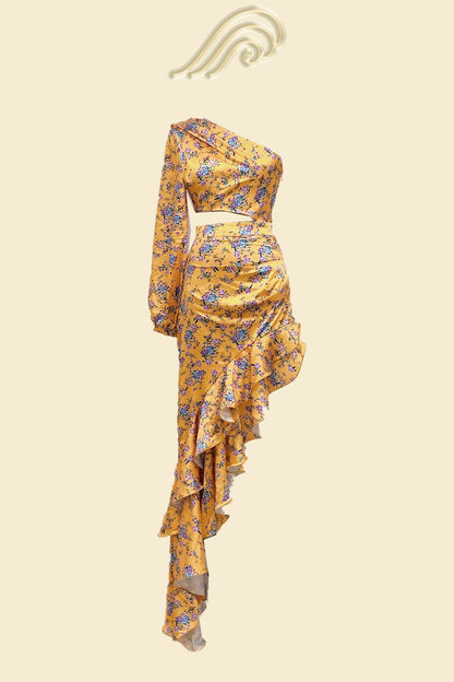 Abigail® | Vestido largo estampado con volantes asimétricos