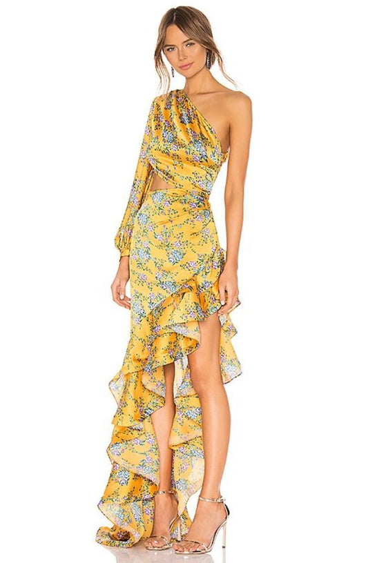 Abigail® | Vestido largo estampado con volantes asimétricos
